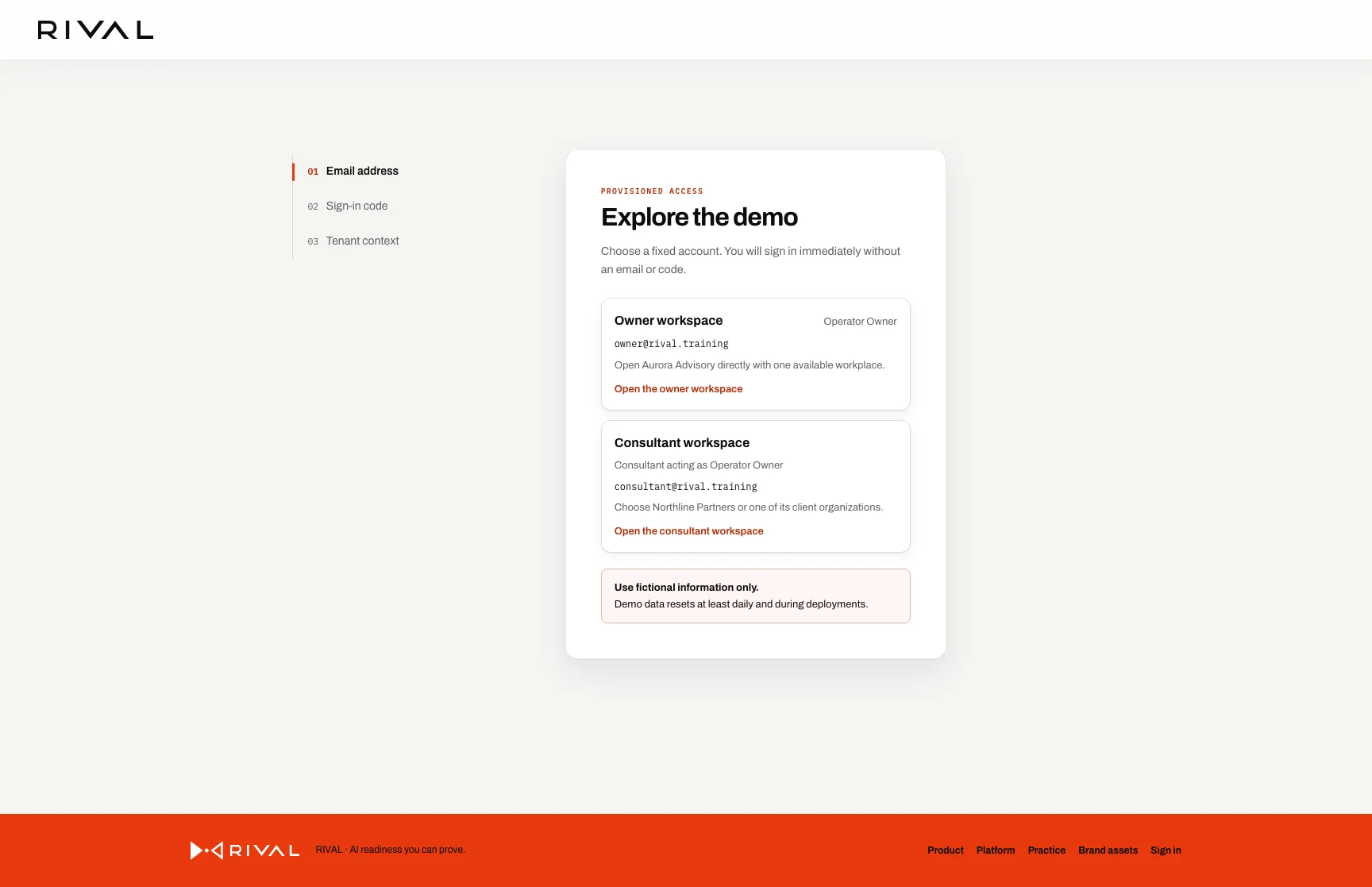 The English demo sign-in page with the two fixed account choices