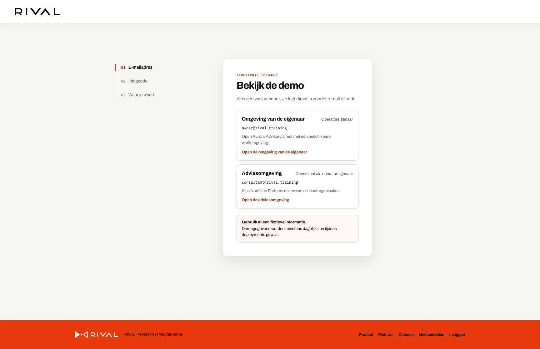 De Nederlandse demo-inlogpagina met de twee vaste accountkeuzes