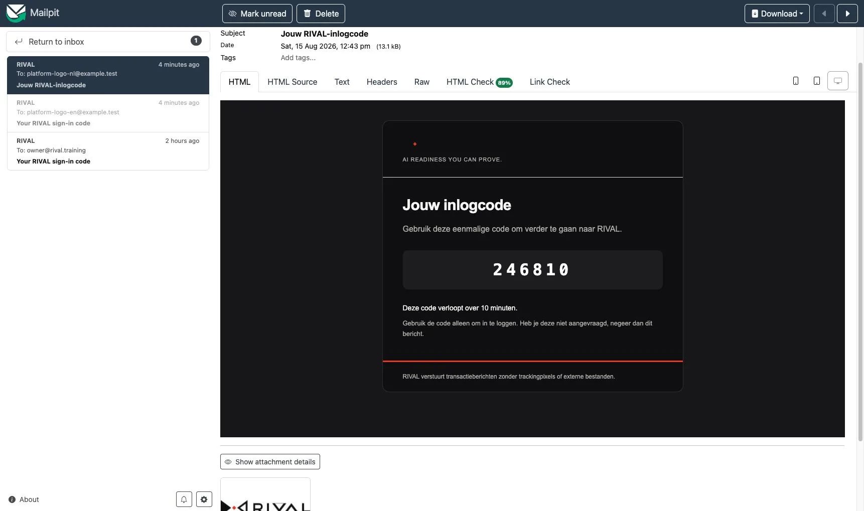 Een platformbericht met inlogcode, inline logo en Nederlandse alternatieve tekst